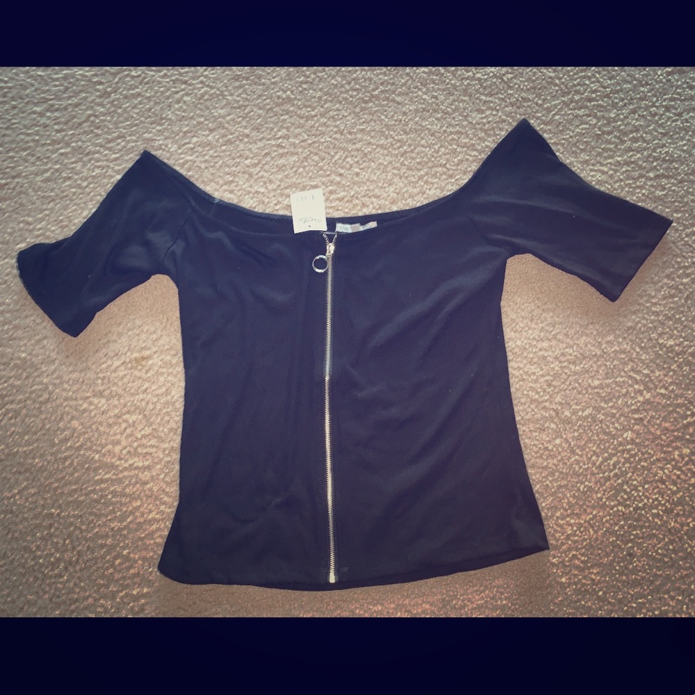 Off Shoulder Black Zip Up Shirt